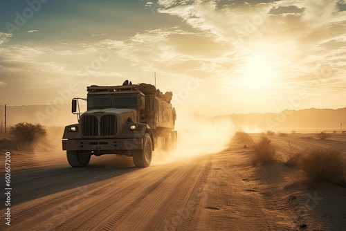 Mad Max Roaring Through the Desert at Sunset: A Symbol of International Freight and Transport. Generative AI
