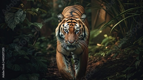 Majestic Tiger Prowling Through its Wild Jungle Domain: Strength and Danger on Display, Generative AI
