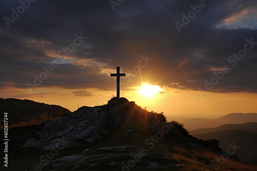 Symbol of Faith: Jesus Christ Crucifix Silhouetted Against Sky in Mountain Sunset. Generative AI