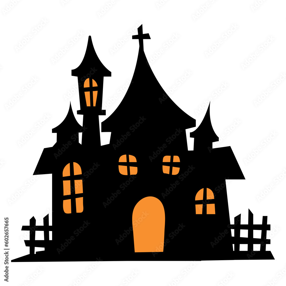 silhouette of vampire castle Scary ghost house on Halloween night.