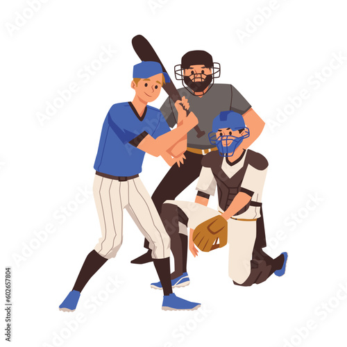 Baseball players - batter, catcher and pitcher, flat vector illustration isolated on white background.