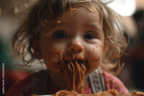  Messy Eaters. A toddler laughing and enjoying while eating and getting all messy. Joyful and adorable messy mealtimes concept. AI Generative