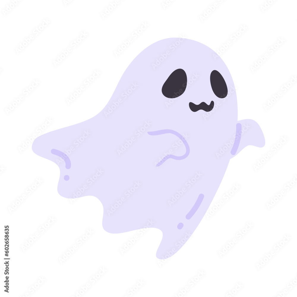 Cartoon ghost in white robe floating Haunt and scare people on Halloween night.