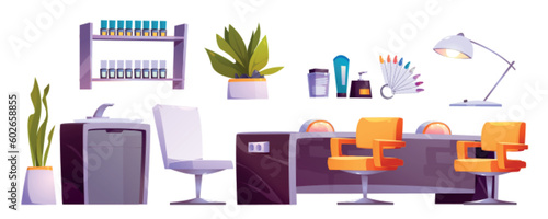 Manicure beauty salon isolated interior cartoon illustration set. Nail spa treatment studio equipment on white background. Table, chair, creme, polish and palette beautician service tools.