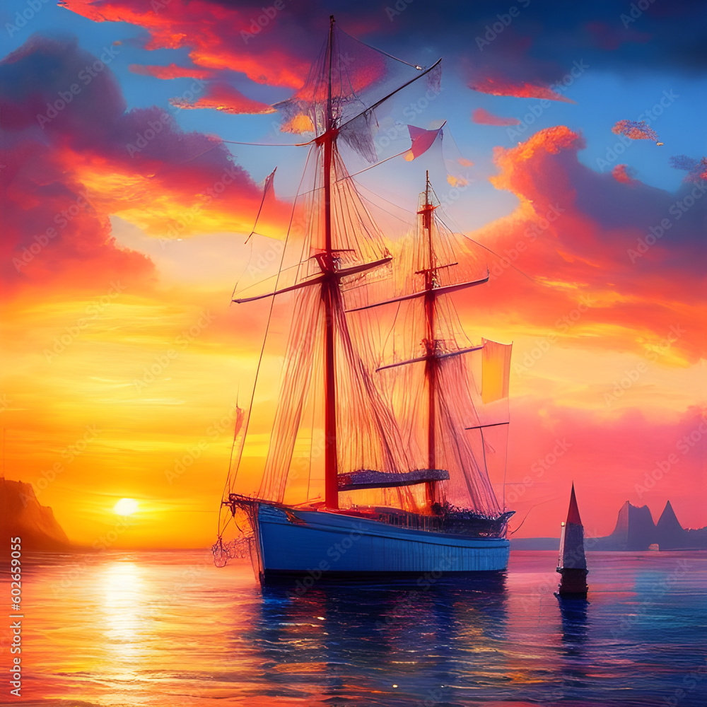  Sailboat at sunset, Sunset in the sea, Sea landscape, Ai generate
