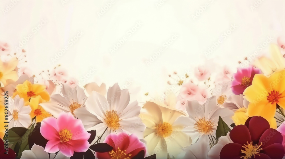 Beautiful spring flowers on white background with copy space for your text. Generated AI