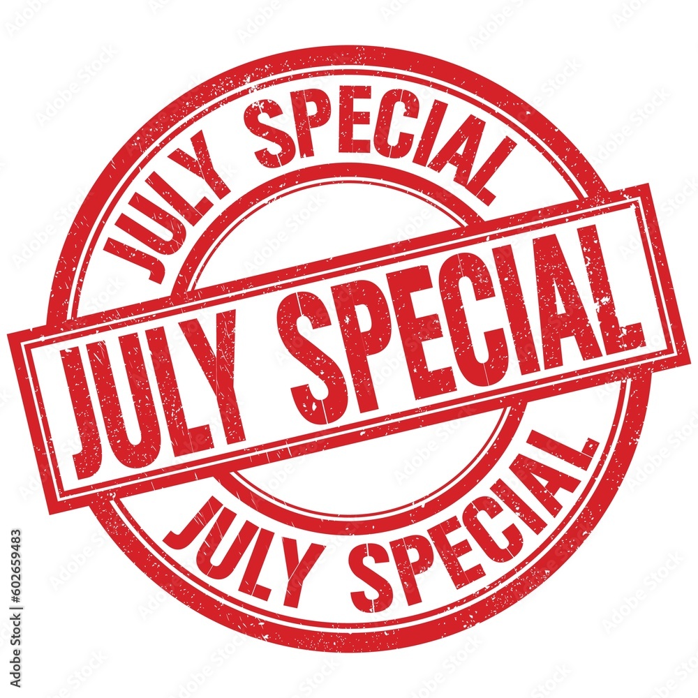 JULY SPECIAL written word on red stamp sign JULY SPECIAL written word on red stamp sign