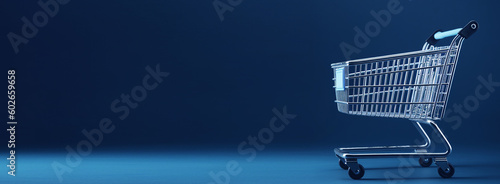 Shopping cart in dark blue background with copy space. Generative AI.