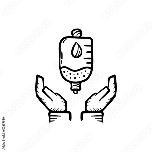 Blood donation charity, hands blood-bag hand drawn icon doodle line art sketch illustration