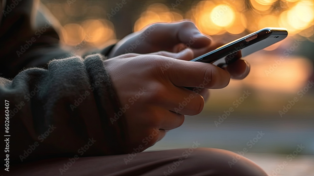 Close-up of male hands with smartphone outdoors. Based on Generative AI