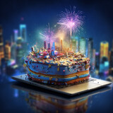 happy birthday celebration, birthday cake and digital technology background by generative AI.