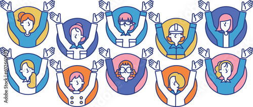 多種多様な職業の女性が万歳をしているシンプルなアイコンセットA（円形）