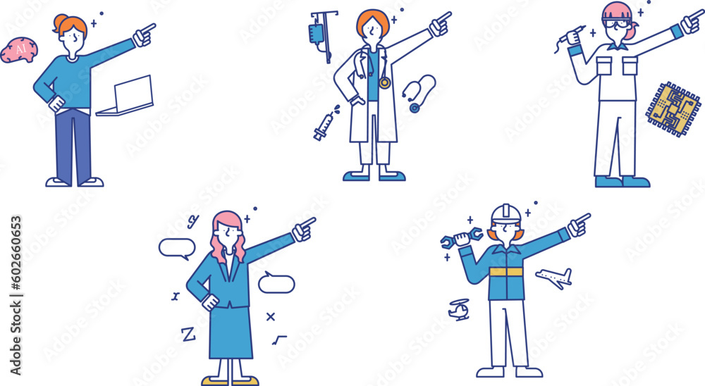 多種多様な理系職に就く女性のセットイラストE 多種多様な理系職に就く女性のセットイラストE