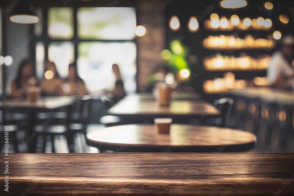 Empty wooden table space platform and blurry defocused restaurant interior, Vintage tone Empty wooden table space platform and blurry defocused restaurant interior, Vintage tone