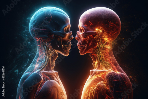 Two spiritual human bodies on dark background. Souls connection. Created with Generative AI