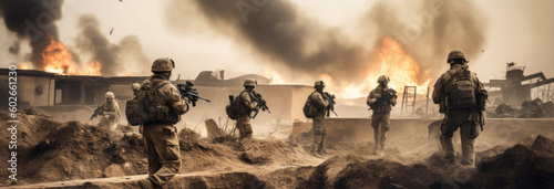 Army soldiers at war. Military forces at special operation. Battlefield with attacking soldiers walking across the field with explosions. Created with Generative AI