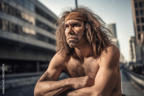 Portrait of prehistoric neanderthal man at city street in present time. Adaptation of ancient man in modern society. Created with Generative AI photo