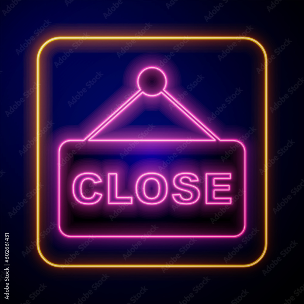 Glowing neon Hanging sign with text Closed icon isolated on black background. Business theme for cafe or restaurant. Vector Glowing neon Hanging sign with text Closed icon isolated on black background. Business theme for cafe or restaurant. Vector
