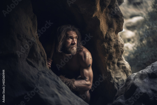 Portrait of prehistoric man in cave. Face of Neanderthal caveman with beard. Ancestor of mankind. Created with Generative AI