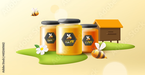 3d illustration of honey in a glass jars with flying bees and white flower on a green grass island with beehive