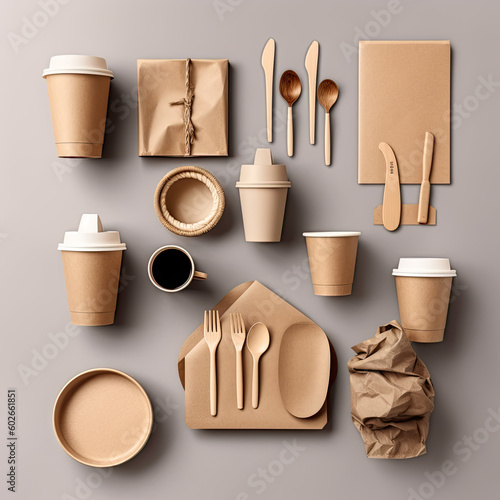 package, recycling and eating concept - disposable paper container for takeaway food with cups, bags, napkins and cutlery on table. generated by AI