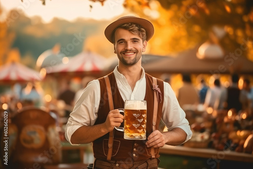 Oktoberfest Tradition. Beauty man wearing traditional clothes and holding beers at the festival. Sunset. German culture and celebration concept. AI Generative photo