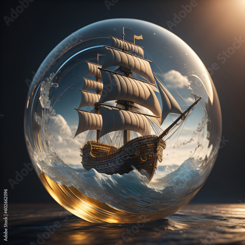 ship in the sea in a water bubble 