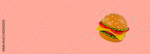 Delicious cheese burger icon 3d illustration on pink background. Banner for a cafe with a juicy hamburger on the background, space for text and advertising