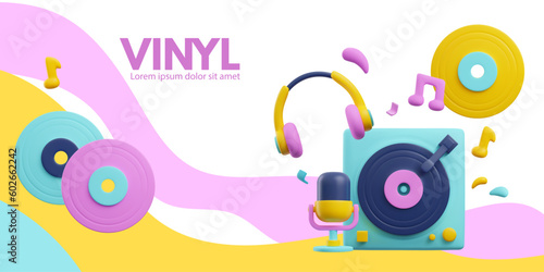 Vinyl record player horizontal banner in cute 3d style, vector illustration on white background.