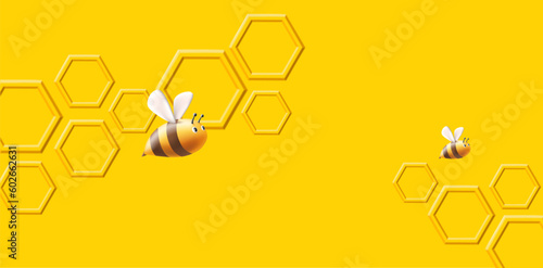 Background with volume honeycombs and rounded 3d render bees flying, yellow backdrop