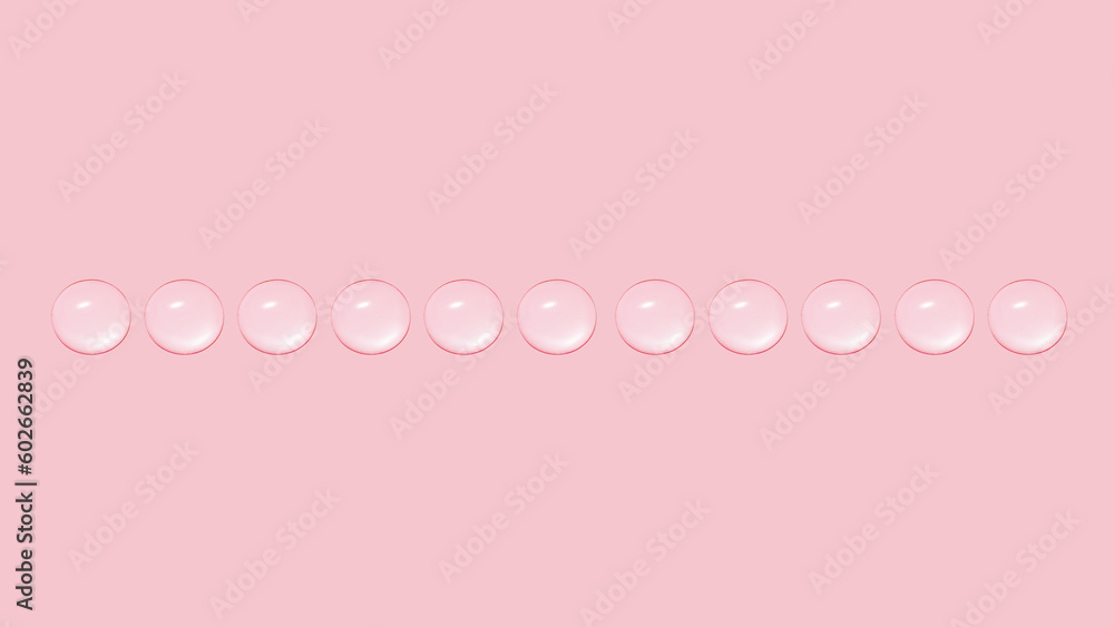 Drops of transparent gel or water in a row. On a pink background.