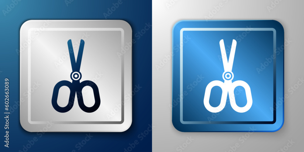 White Scissors icon isolated on blue and grey background. Tailor symbol. Cutting tool sign. Silver and blue square button. Vector White Scissors icon isolated on blue and grey background. Tailor symbol. Cutting tool sign. Silver and blue square button. Vector