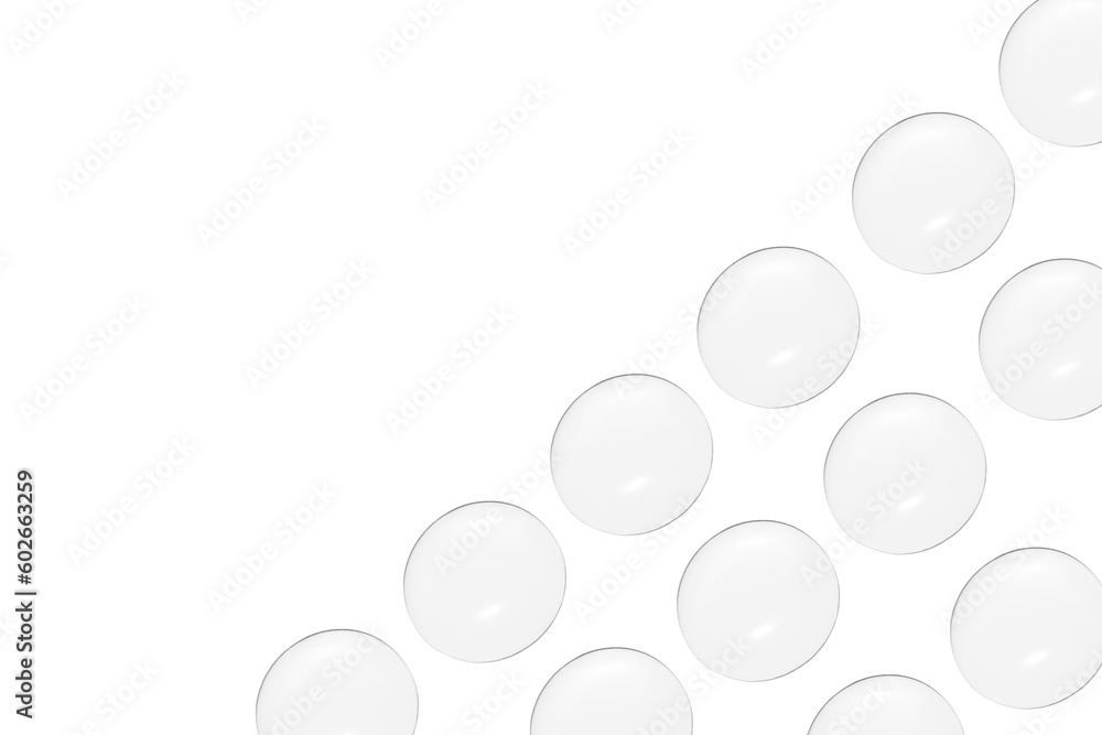 Drops of clear gel or water in rows. On a white background.