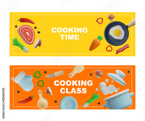 Cooking classes flyers with 3D food and utensils realistic vector illustration.