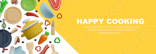 Website banner template about happy cooking with kitchenware 3D style