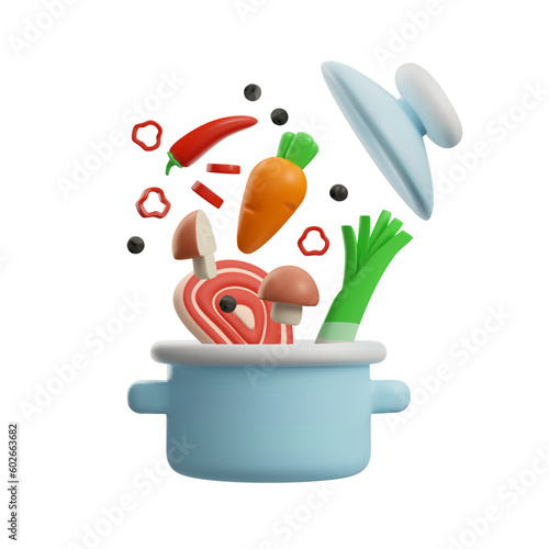 Pot or saucepan with meat and vegetables, 3D vector illustration isolated.