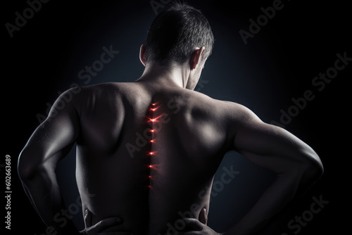 Overcoming Postural Issues. Man with poor posture and back pain in a dark setting. Copy space. Physiotherapy concept AI Generative © Mr. Bolota