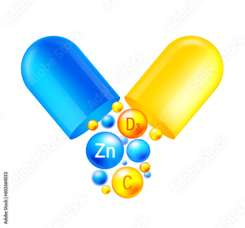Vitamin complex zink, vitamin D3 and C. Yelllow capsule with vitamin D3 and C and blue zink mineral on white background. Vector illustration.