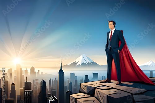 Business superhero on mountaintop overlooking a metropolis. Faceless Businessman with cape standing proud. A conceptual illustration symbolizing great accomplishment, success, and achievement