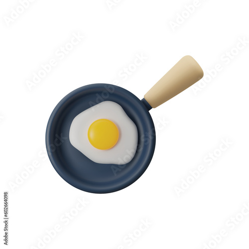 Realistic frying pan with scrambled eggs top view 3D style