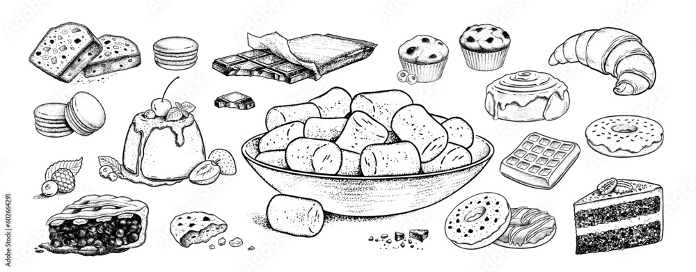 Vector sketchy illustrations set of desserts and sweet food Vector sketchy illustrations set of desserts and sweet food
