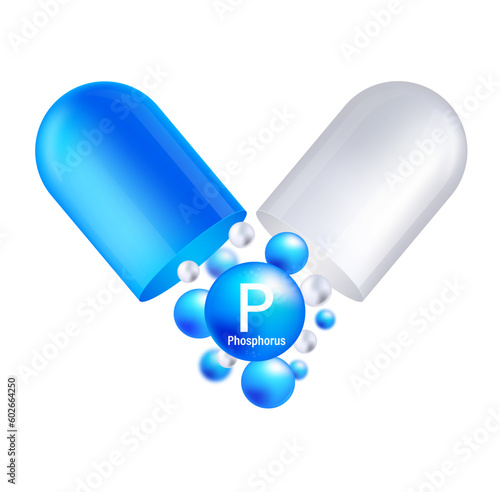 Phosphorus, P. Icon structure chemical element round shape circle light blue. Chemical element of periodic table