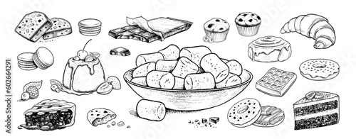 Vector sketchy illustrations set of desserts and sweet food