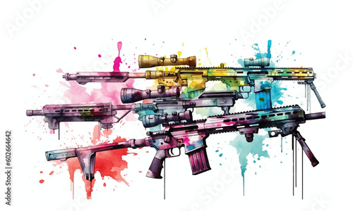 Colorful Semi automatic sniper rifles watercolor painting Abstract background. Generative AI