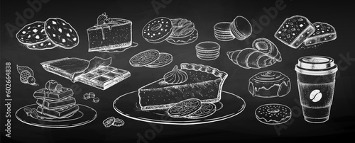 Vector chalk drawn sketchy illustrations set of desserts and sweet food on chalkboard background