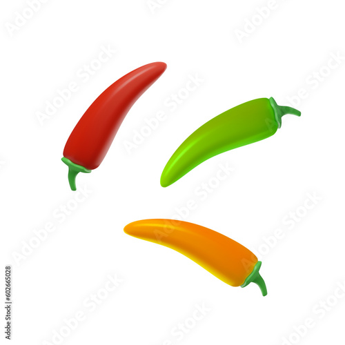 Chili peppers and jalapeno in 3d style, vector illustration isolated on white background.