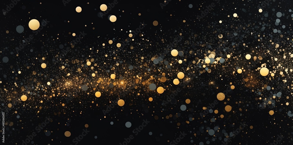 Gold dots on a black background, light particles for a luxury celebration. Drops sparkle on black. Generative AI. Gold dots on a black background, light particles for a luxury celebration. Drops sparkle on black. Generative AI.
