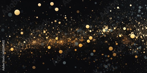 Gold dots on a black background, light particles for a luxury celebration. Drops sparkle on black. Generative AI. 