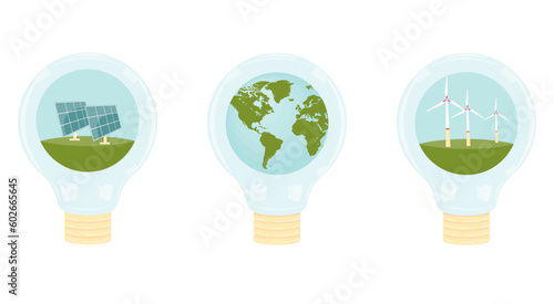 Sustainability illustration set. ESG, green energy, sustainable industry with windmills and solar energy panels. Environmental and Ecology concept, Vector illustration.