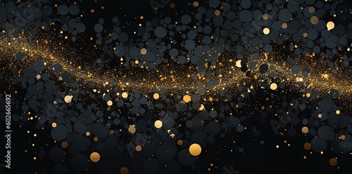 Gold dots on a black background, light particles for a luxury celebration. Drops sparkle on black. Generative AI. 